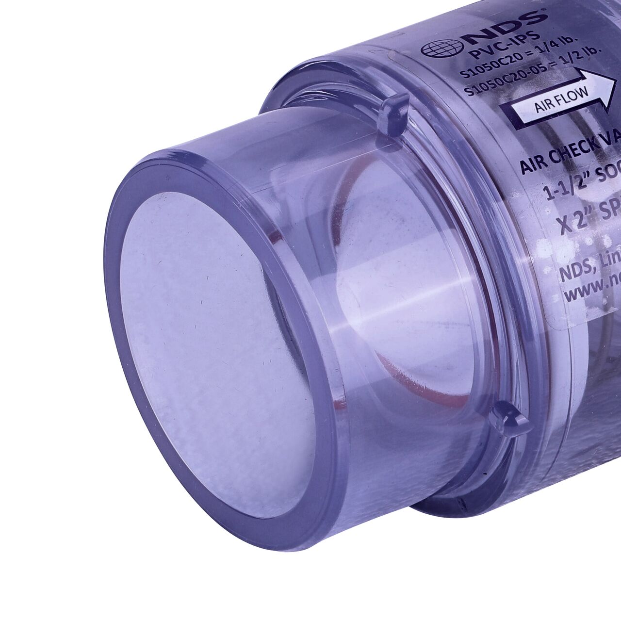 Closeup of the leak resistant inlet of the NDS Clear 1-1/2 in. IPS S x 2 in. Spigot PVC Air Check Valve (NDS S1050C20) which connects to 1-1/2 inch pipe
