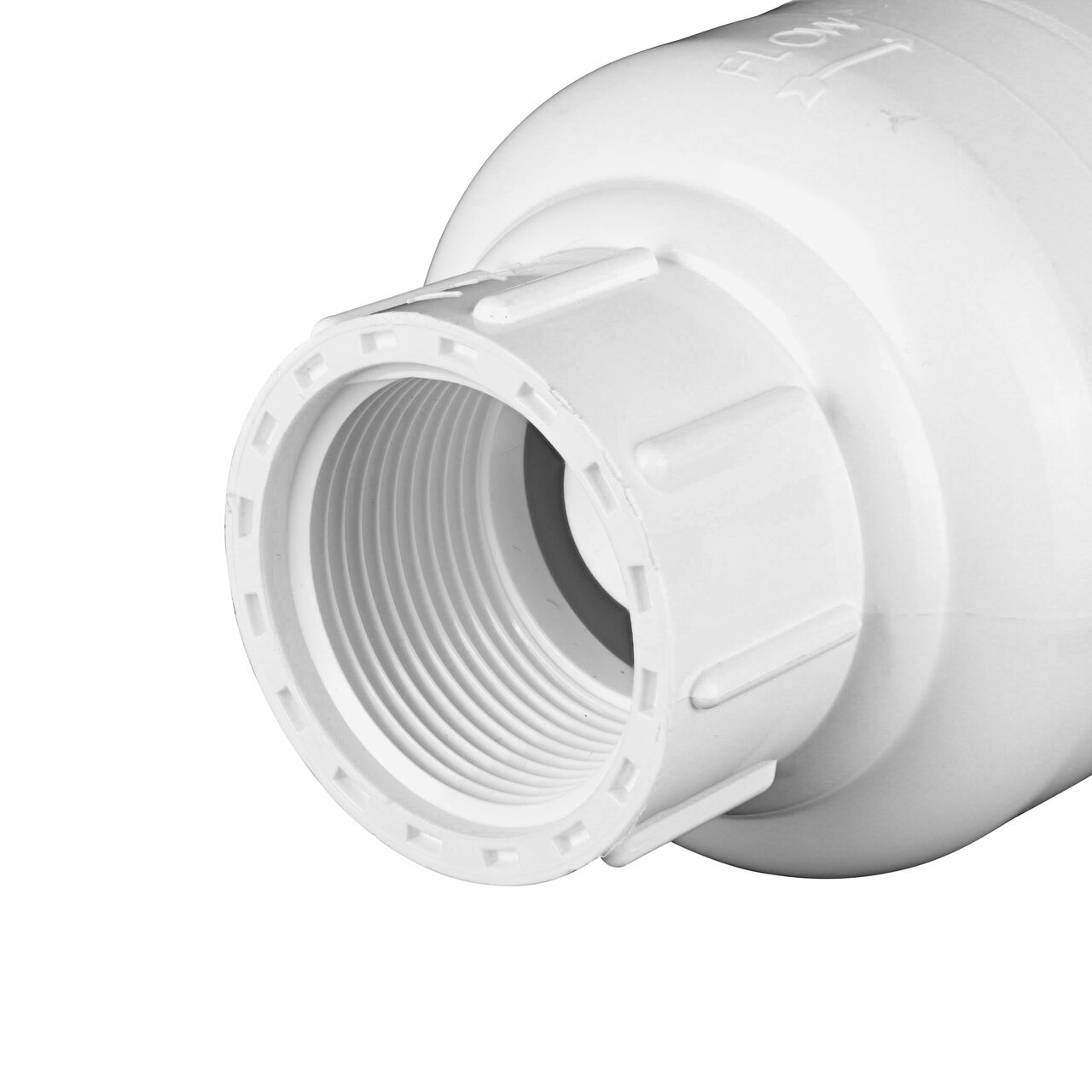 Closeup of the non-sloped end of the threaded NDS 1-1/4 in. White PVC Spring Check Valve (NDS 1001-12, NDS 1002-12)