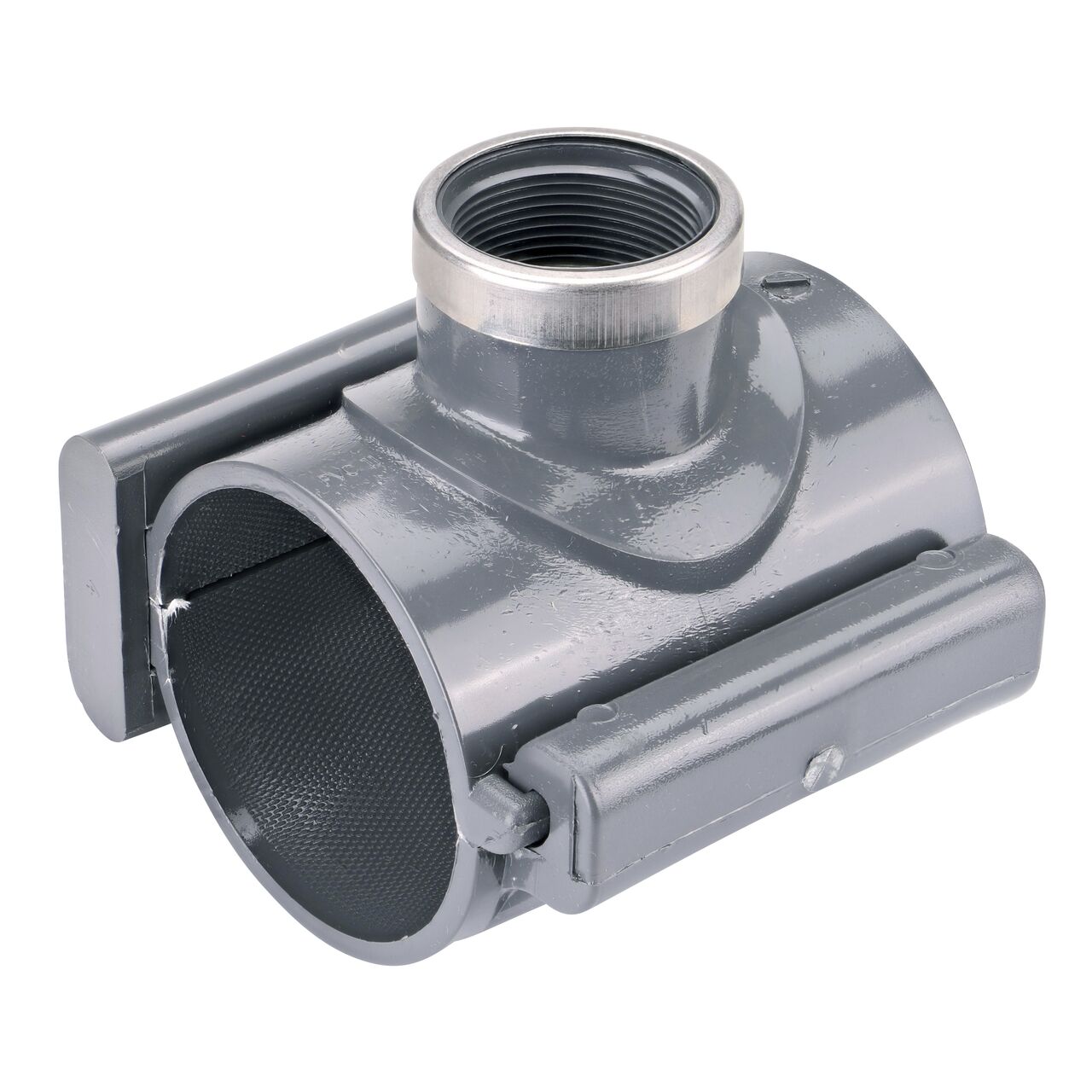 The NDS Clamp-It™ Rigid PVC Saddle with 1-1/2 in. FPT connection on top (NDS 443015) for 3 in. PVC pipe has a patented wedge design on one side and hinge on the other to install a sprinkler irrigation system to existing pipe without any bolts