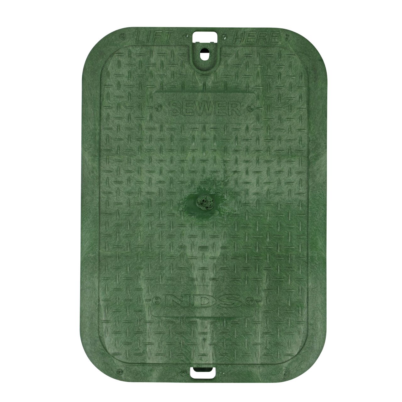 Top down view of the top side of the overlapping Green Sewer Water cover (NDS 113CS) for the NDS 14 in. X 19 in. Rectangular Standard Series valve box