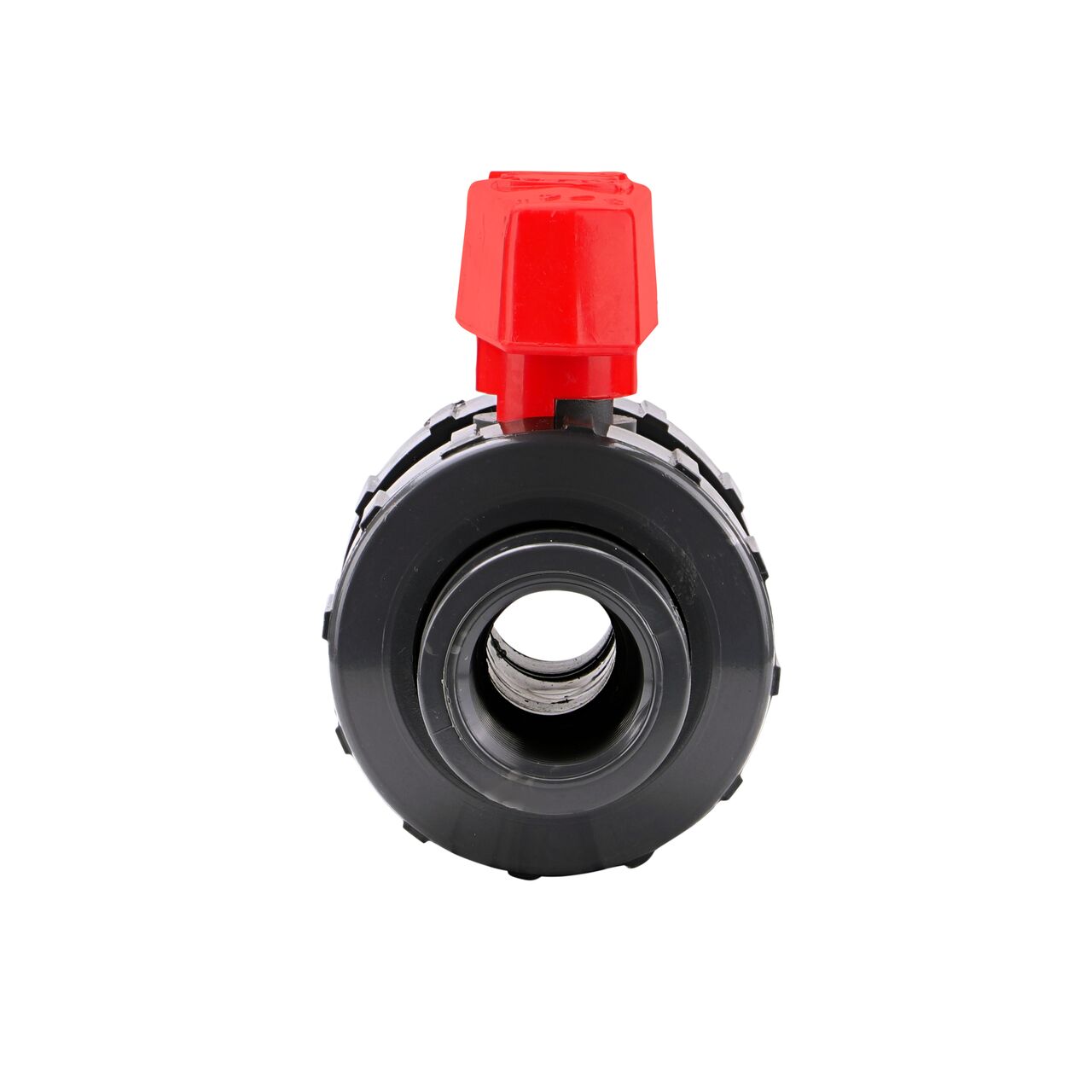 The 3/4 in. PVC Slip & Threaded True Union Ball Valve (NDS BTU-0750-E) shown with the connection end attached and with the handle in the open position to allow water to convey through the pipe.