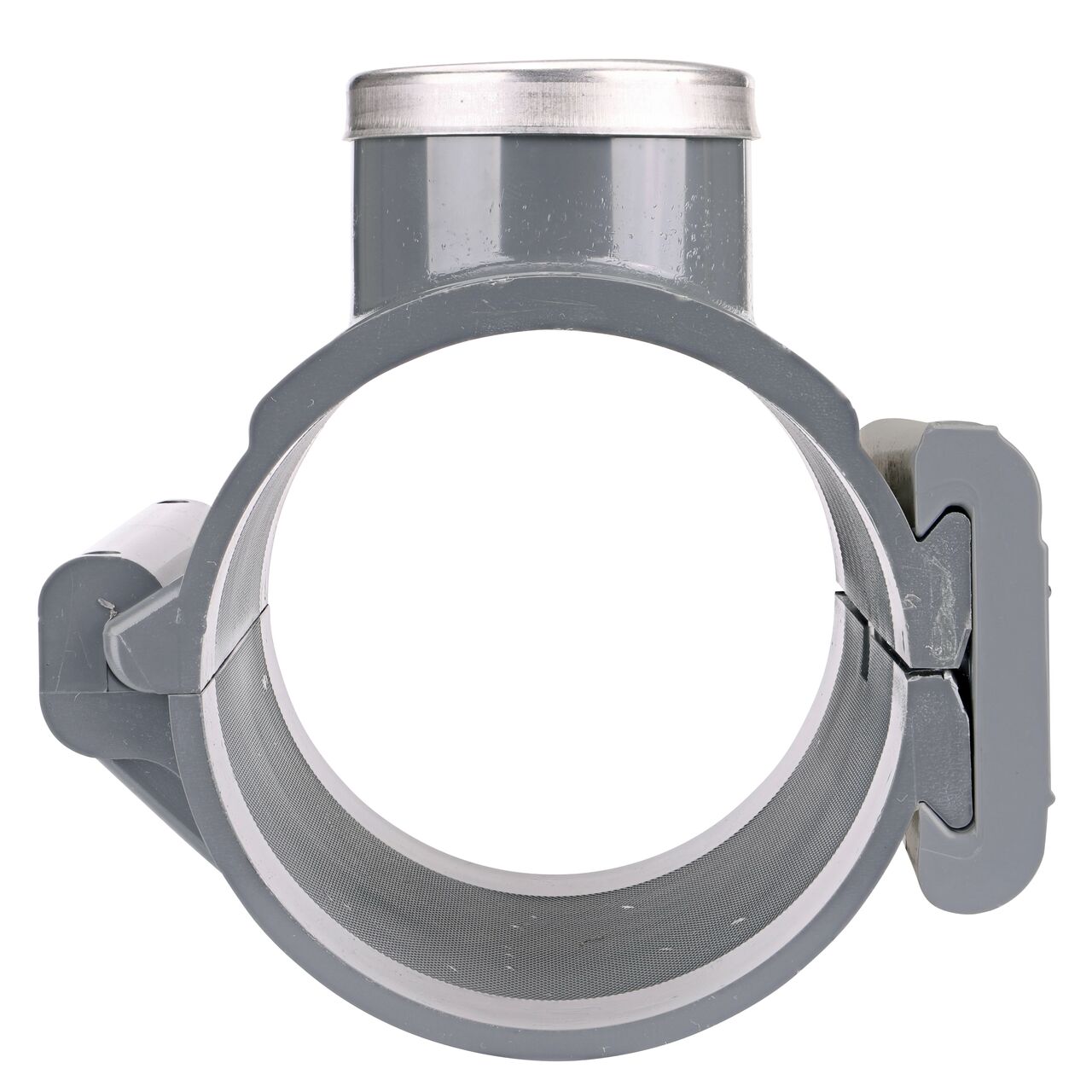 Front facing view of the NDS Clamp-It™ Rigid PVC Saddle with 2 in. FPT connection on top (NDS 444020) for 4 in. PVC pipe showing both the wedge and hinge sides