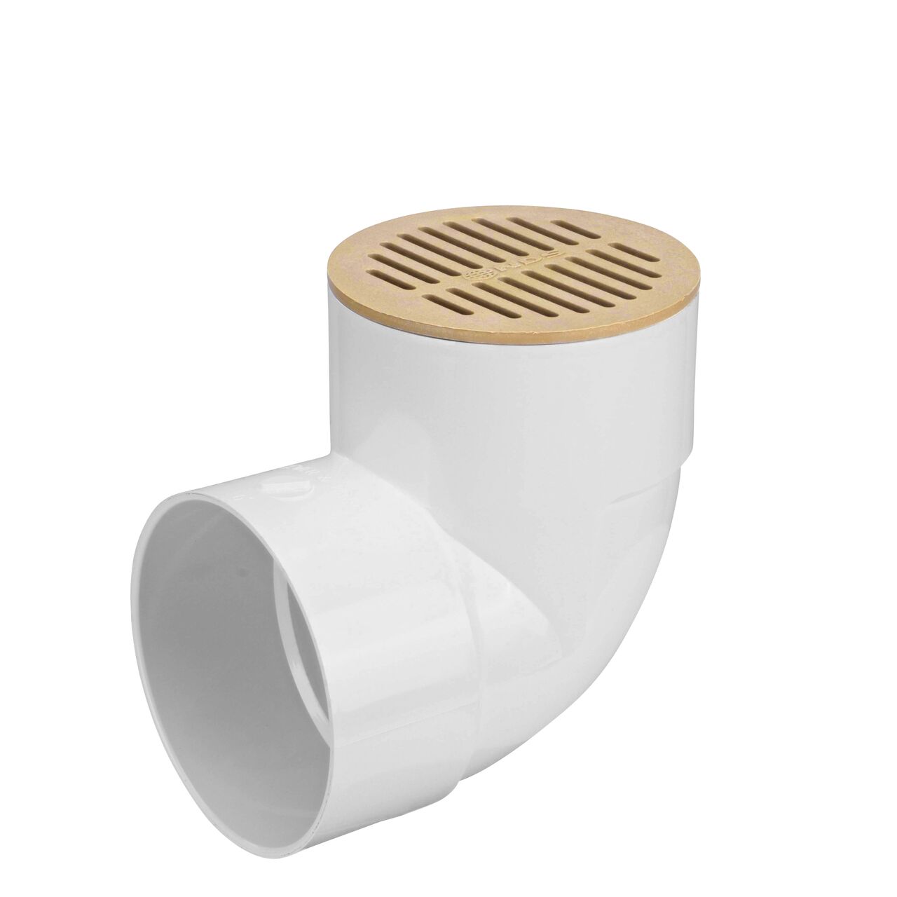 NDS 6 in. Round Grate in sand color (NDS 60S, NDS H60S) installed on 6 in. Sewer and Drain Fitting Elbow (NDS 6P02)