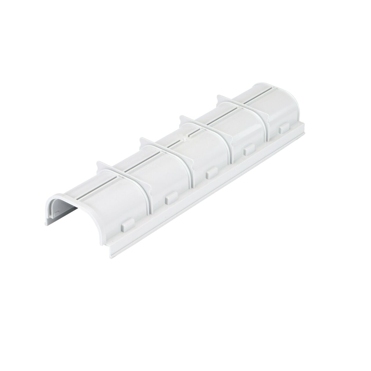 Bottom view of NDS 5 in. Pro Series Channel Drain Shallow Profile featuring side ribs, stabilizing ribs, and built-in saw guide (NDS 820)