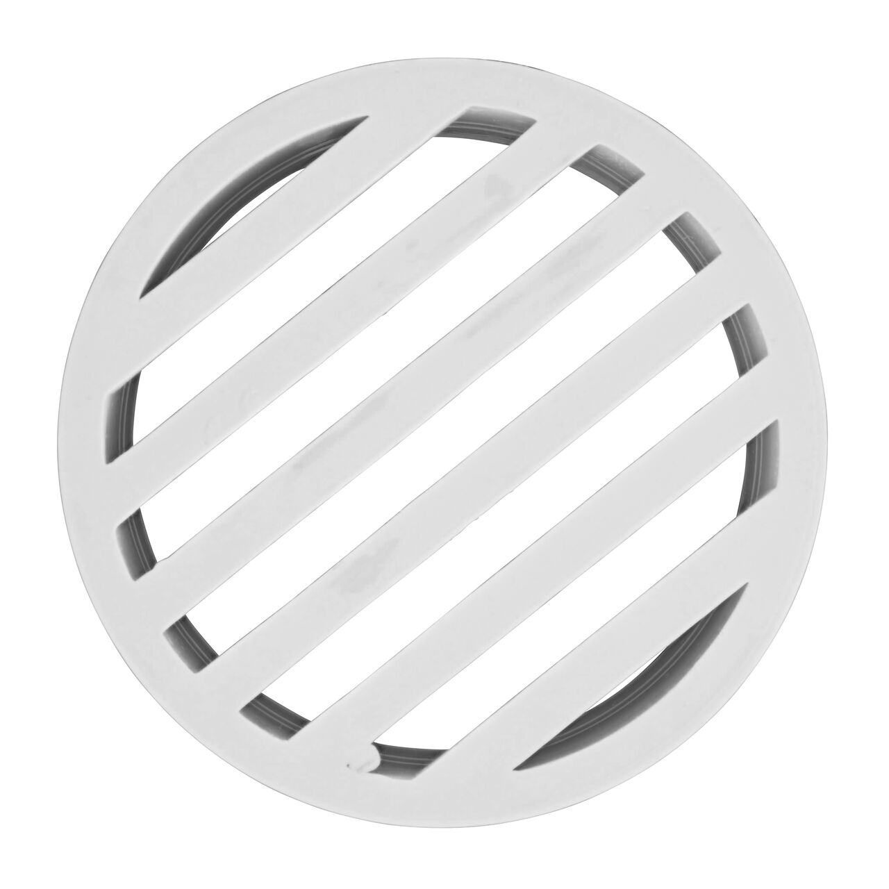 Top down view of the NDS white 4 in. round grate (NDS 9P11) which fits 4 in. sewer and drain fittings and is perfect for pool and spa applications