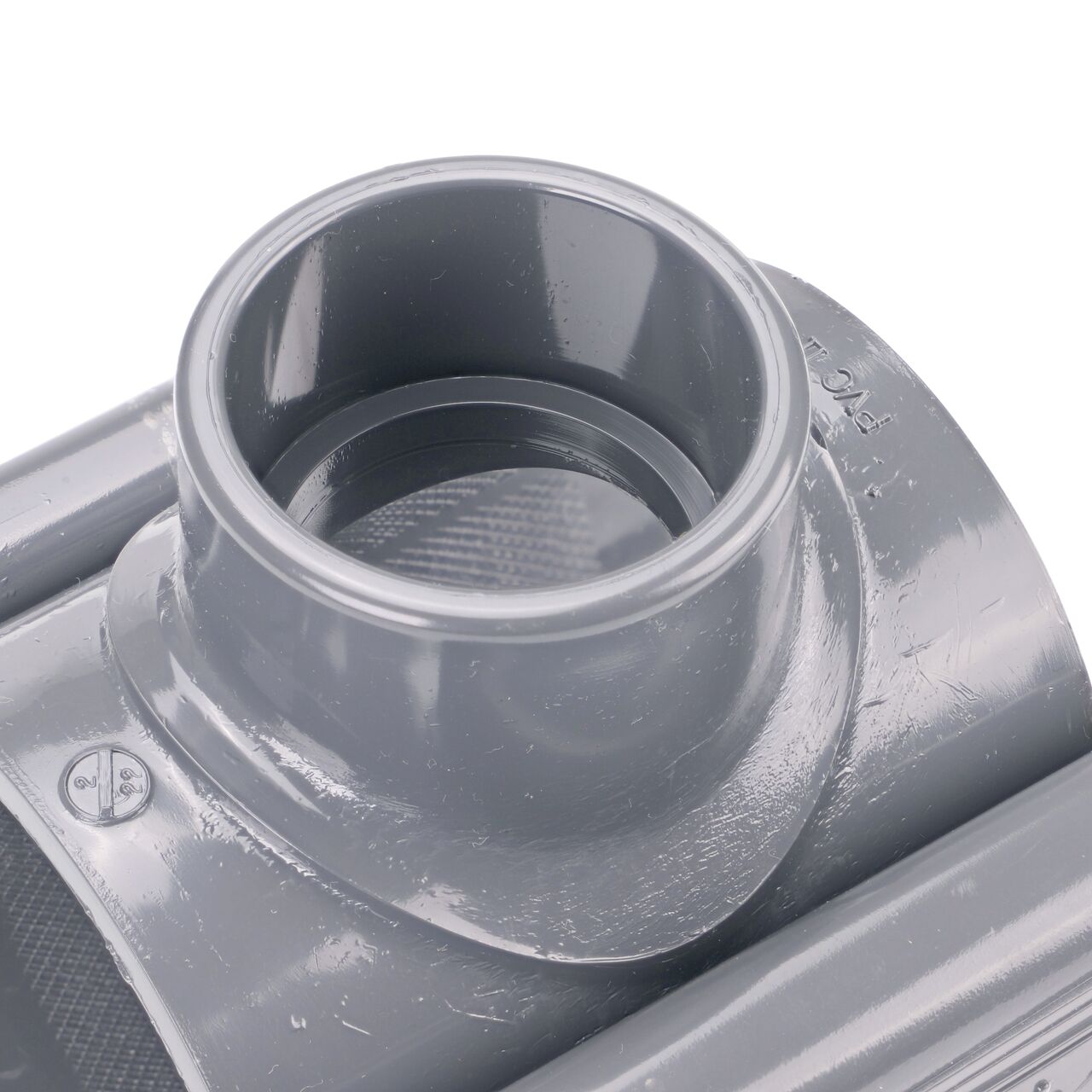 Closeup of the 1-1/2 in. slip connection on the NDS Clamp-It™ Rigid PVC Saddle (NDS 432515) for 2-1/2 in. PVC pipe