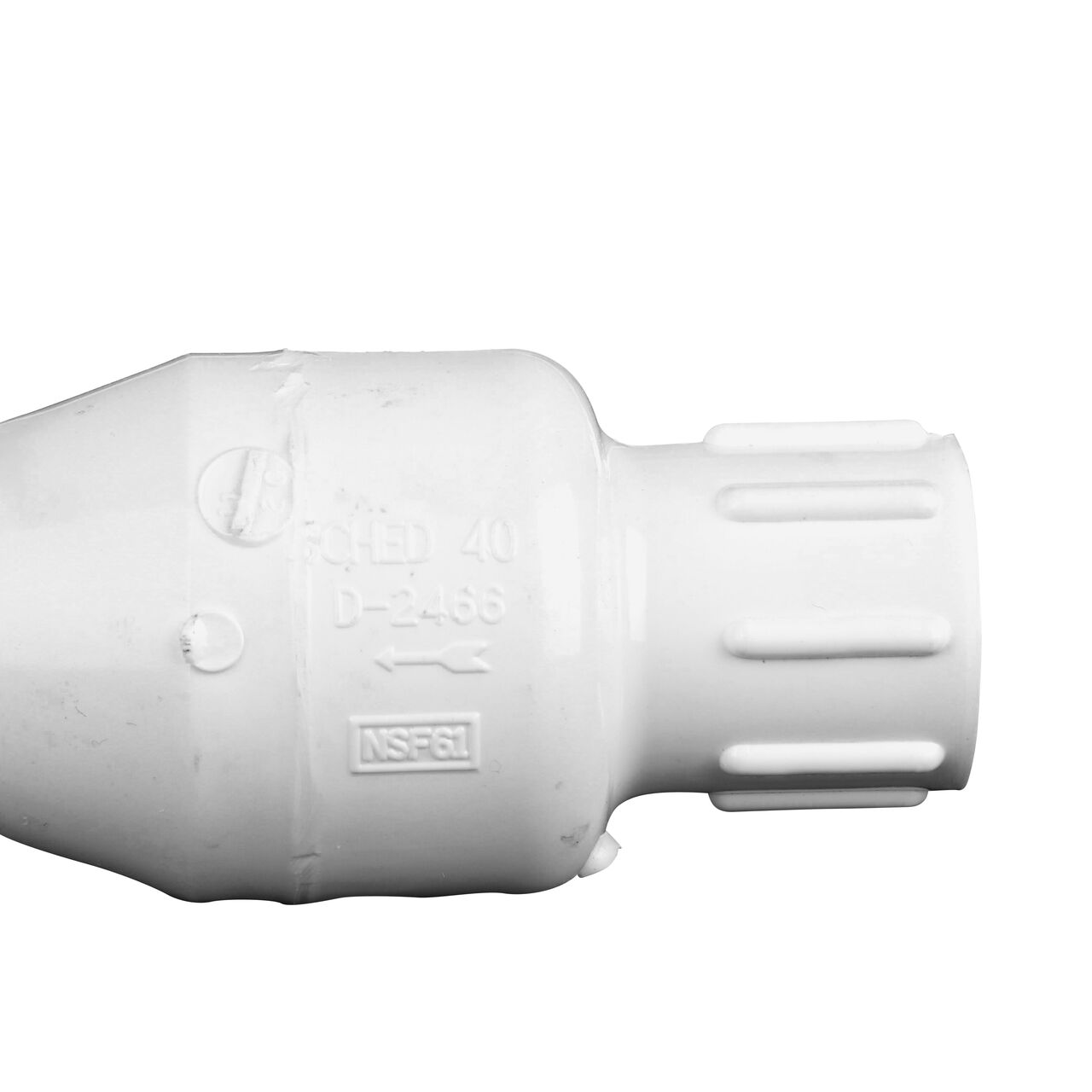 Closeup of the arrow showing water flow of the NDS White 1/2 in. PVC Spring Check Valve (NDS 1011-05, NDS 1012-05)