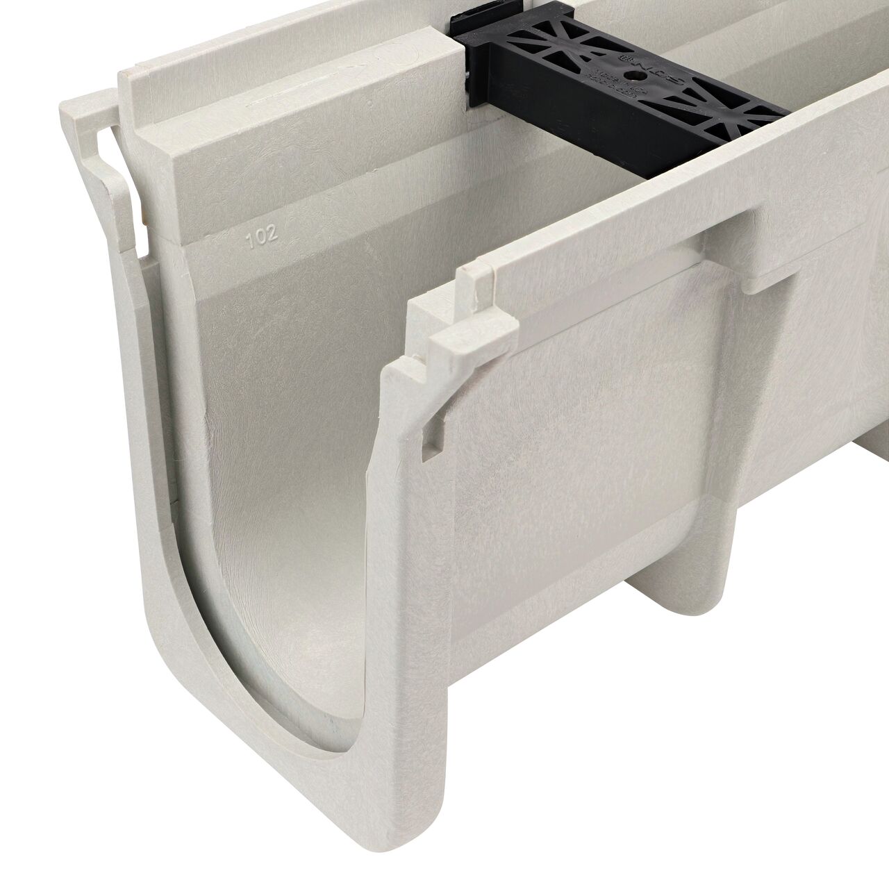 Closeup view of the NDS 7.69 in. to 8.03 in. Deep Dura Slope Channel (NDS DS-102), with groove joints facing camera