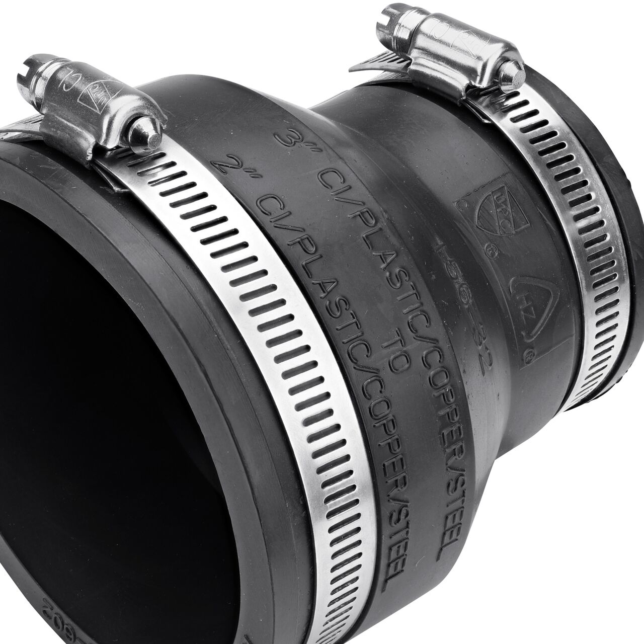 Closeup view of the NDS 3 in. X 2 in. flex coupling mark showing the size and compatible cast iron/sewer and drain or DWV/copper/steel/lead pipes eliminating guesswork on the job (NDS 56-32)