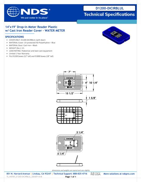 NDS 14 in. X 19 in. Rectangular D1200 Meter Box Drop-in Cover, Blue Water Meter with Cast Iron Reader Tech Spec