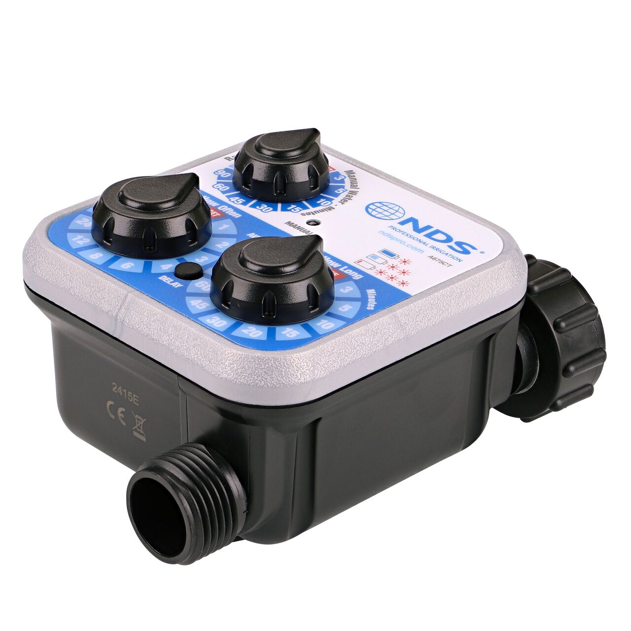 The outlet connection of the NDS Automatic Water Timer is threaded and can connect to a pressure regulator, supply tubing, or a Y connector (NDS A675CT)