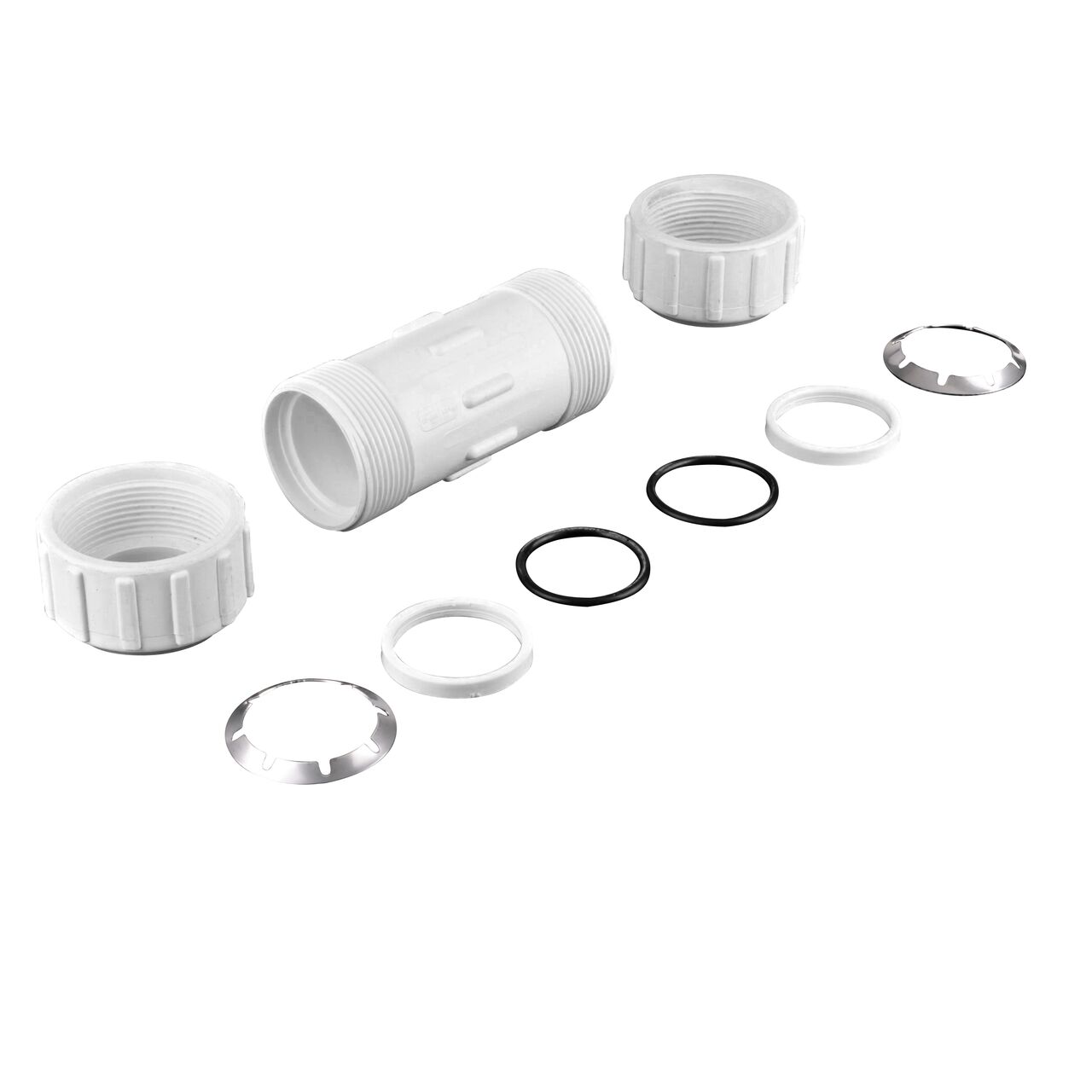 Completely Unassembled NDS 1 1/4 in. Flo Lock PVC Gripper Coupling (NDS 112-12) showing the steel gripper and EPDM O-Ring