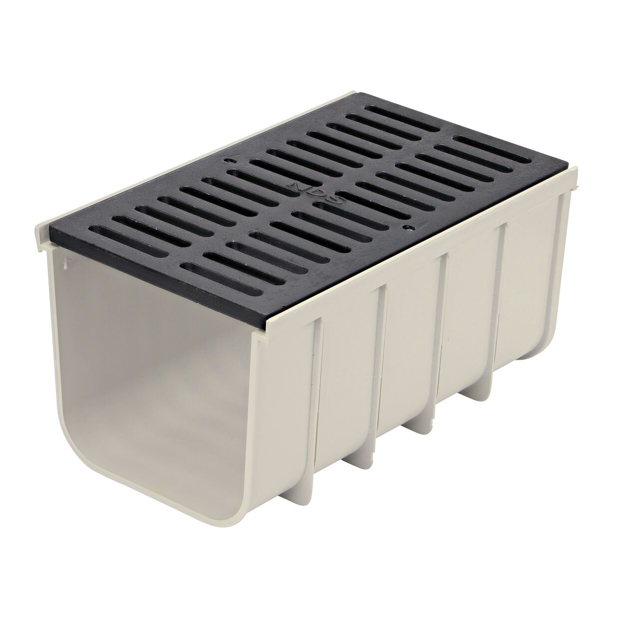 The NDS 12 in. Pro Series Channel™ Drain Grate, 11-3/4 in. wide X 19-1/2 in. long, Ductile Iron (NDS 885) sits firmly on the 12 in. Pro Series Channel™ Drain, Deep Profile (NDS 843)