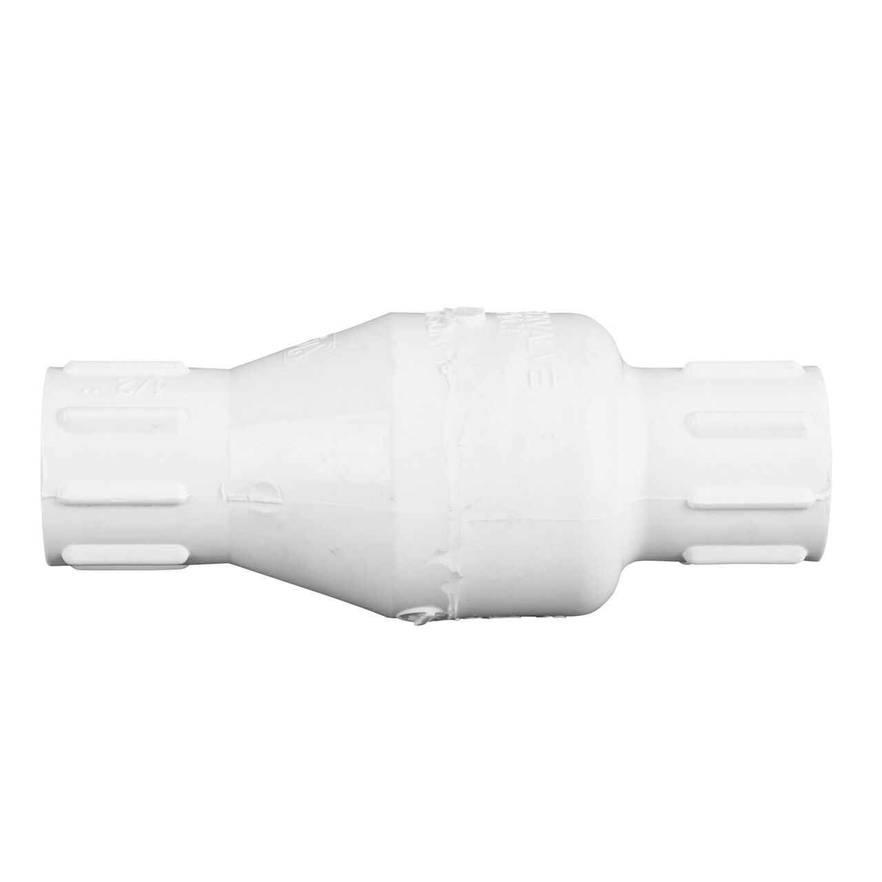 Side to side view of the NDS White 1/2 in. PVC Spring Check Valve (NDS 1011-05, NDS 1012-05)