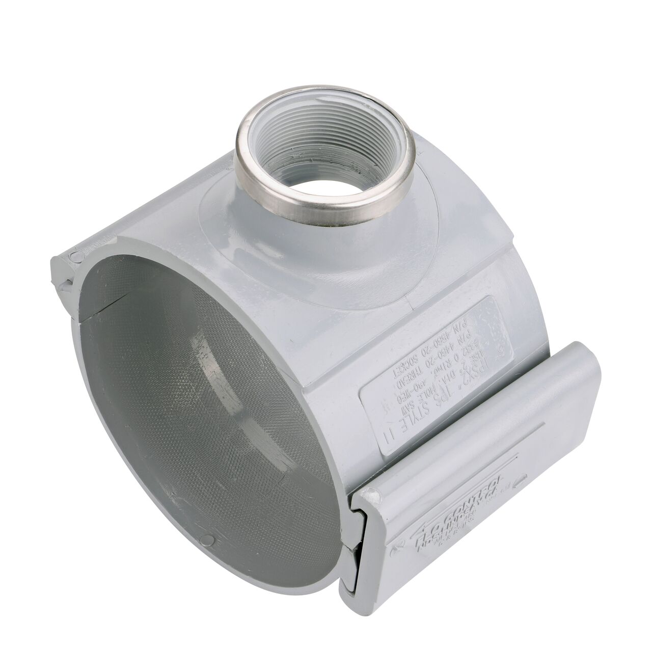 The 2 in. FPT outlet at the top of the NDS Clamp-It™ Rigid PVC Saddle (NDS 446020) for 6 in. PVC pipe adds a riser or sprinkler to an existing pipeline for agricultural or mining applications
