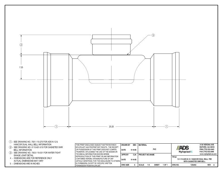 12 x 10 N-12 Dual Wall Tee with Gasketed SWR Bell Nyloplast Detail