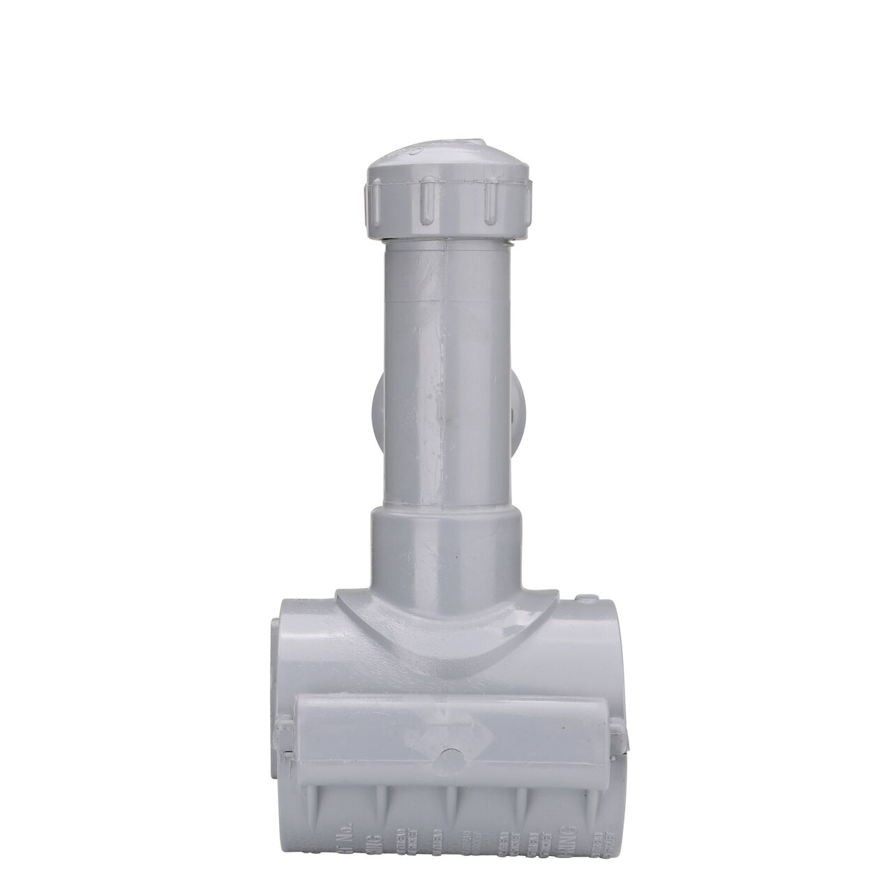 Side view showing hinged side of the 3 in. NDS Flo-Tap™ Rigid PVC Saddle with a 1-1/2 in. Socket or 2 in. spigot connection on top (NDS 3230)