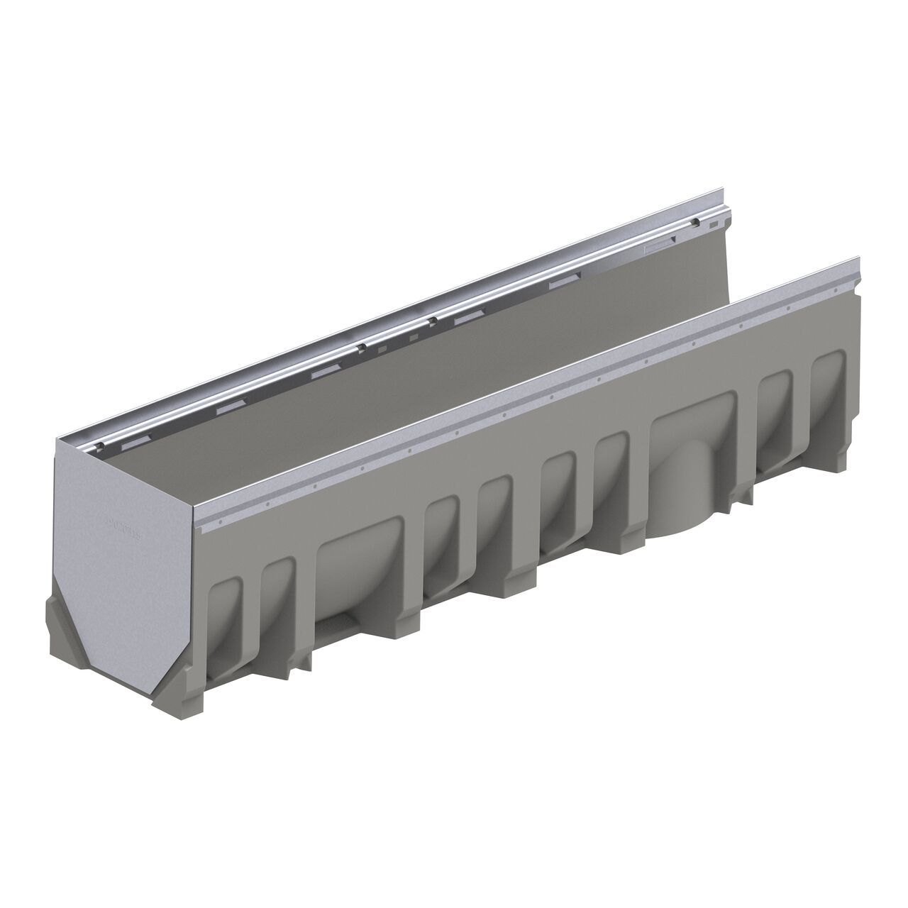 The galvanized steel BG-FILCOTEN® by NDS® 200 Trench Drain End Outlet (NDS 19020216) installed on the female interlocking end of the 8 in. BG-FILCOTEN® pro V 200 Trench Drain with Galvanized Steel Rails