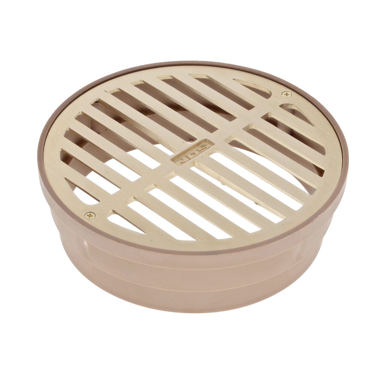 NDS 6 in. Round Grate with collar, made of satin brass and plastic (NDS 918BG*, NDS 918B)