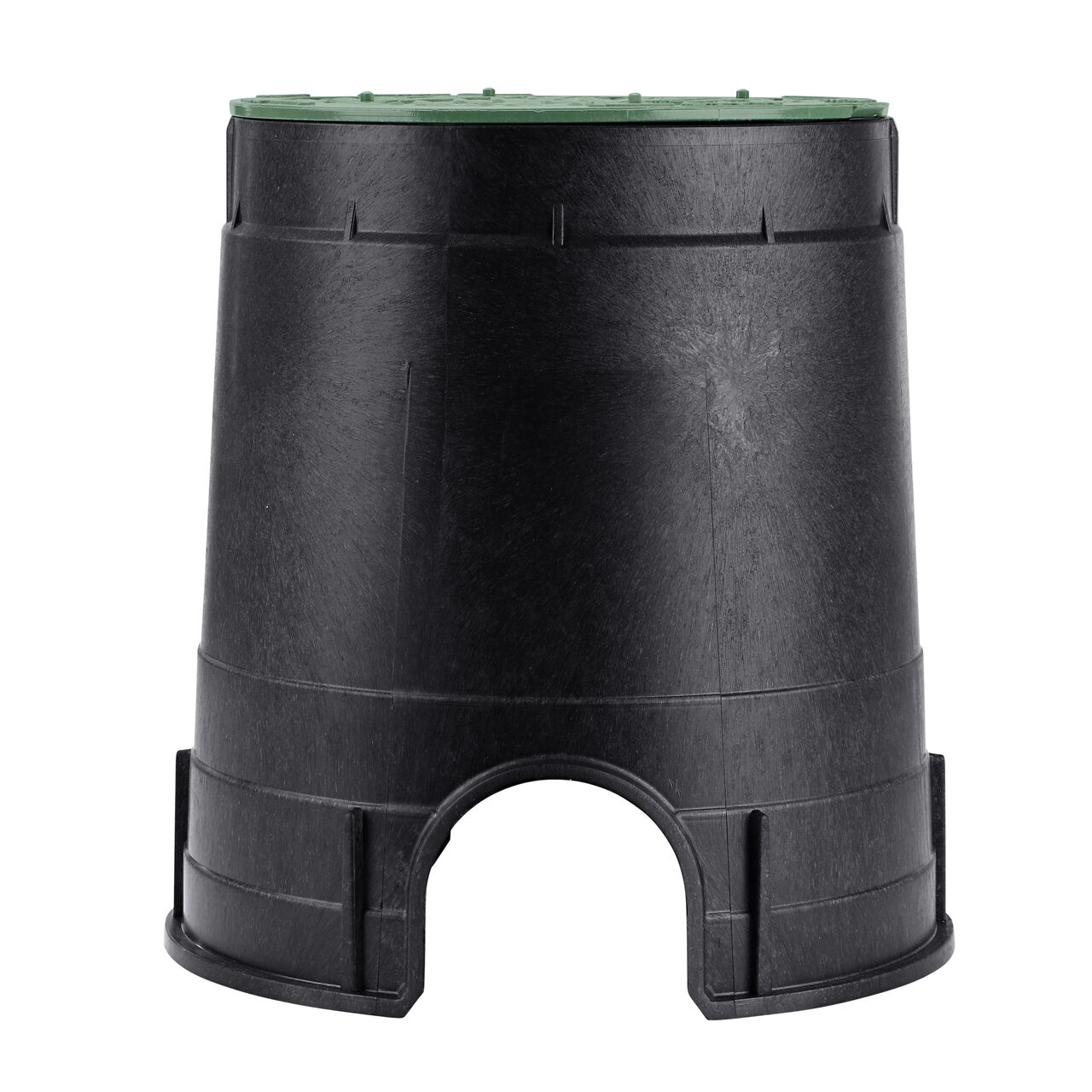 Side view of the pipe hole side of the NDS 6 in. Round Standard Series Valve Box & Irrigation Control Valve Cover (NDS 2107BC) which allows piping to pass through the walls of the box so that the box does not rest on the pipe.