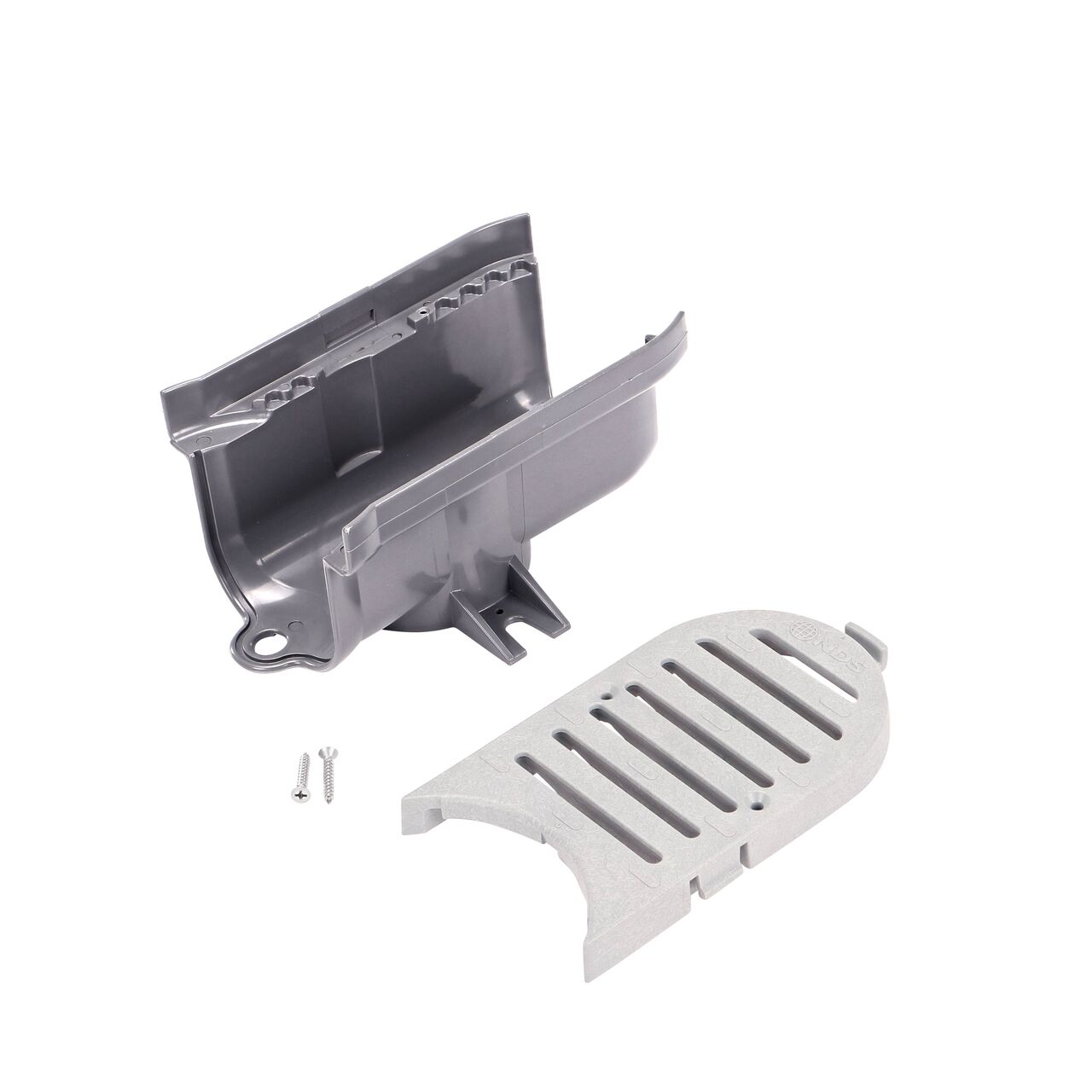 The NDS Spee-D® Contour™ Channel Drain Middle Section and Gray Grate (NDS 400-ACM-WH) comes with one Spee-D® Contour™ channel drain middle section, one gray grate, and two grate screws