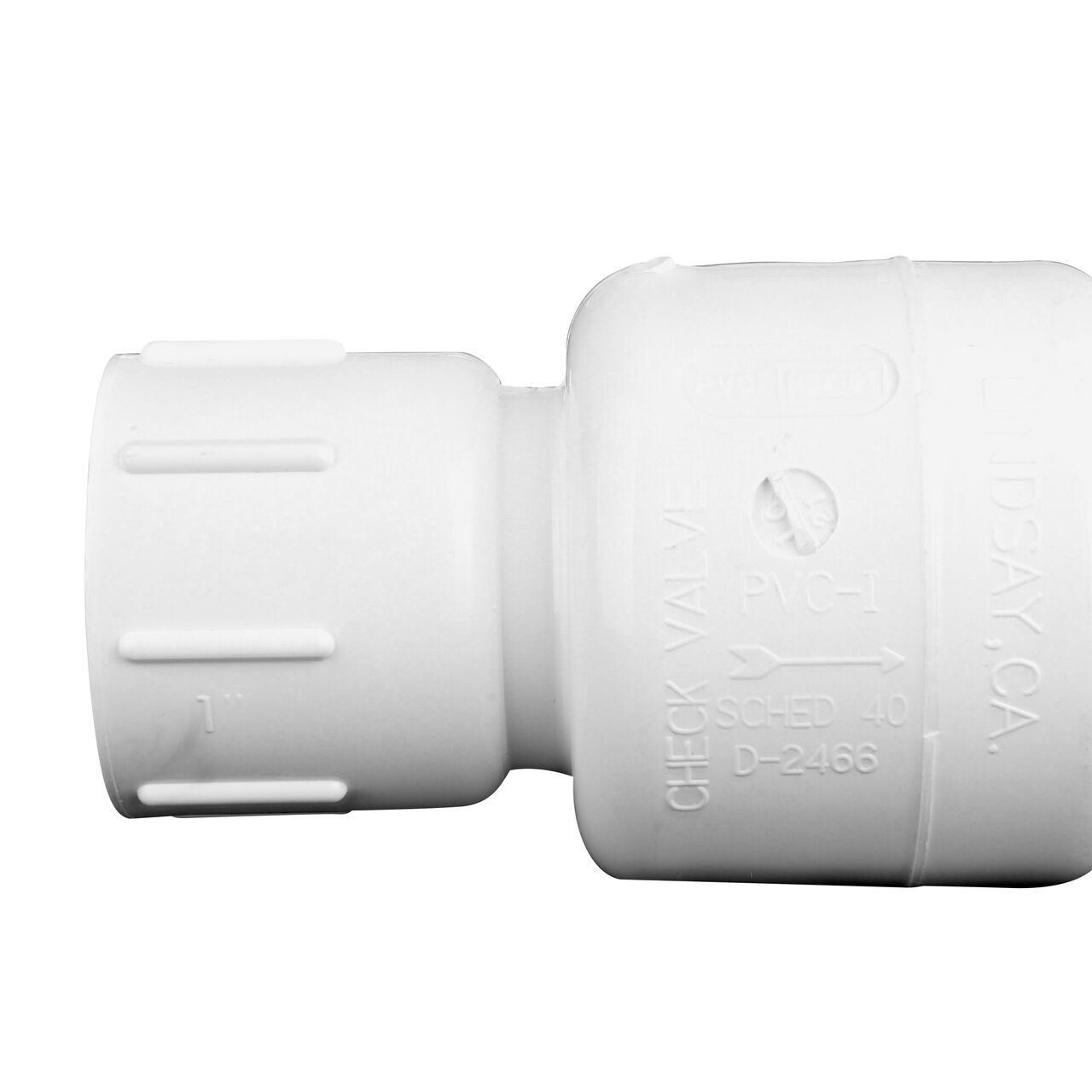 Closeup of the arrow showing water flow of the NDS White 1 in. slip end by slip end PVC Spring Check Valve (NDS 1011-10, NDS 1012-10)