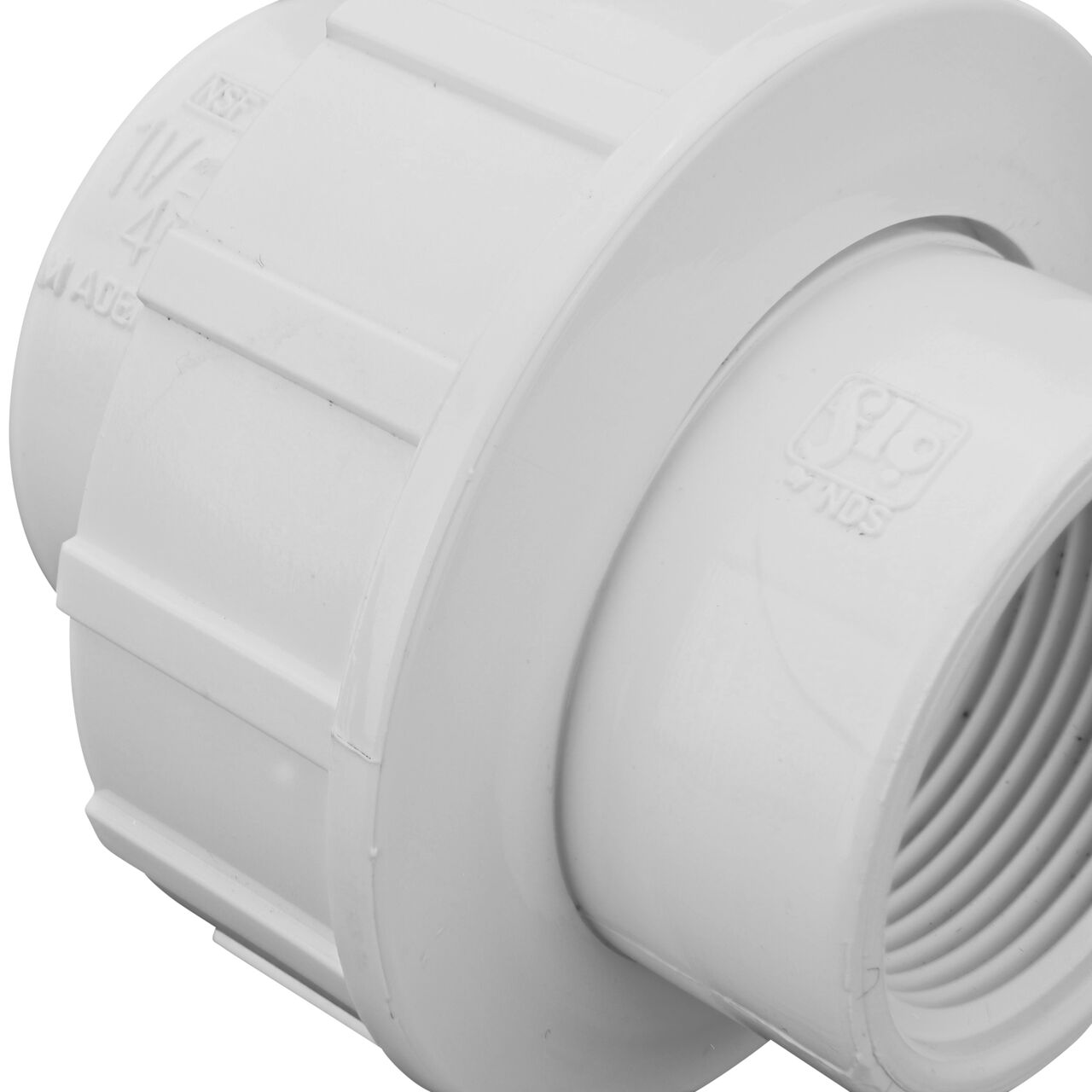 Close up view of the PVC Union, 1-1/4 in. Sch. 40 FPT X FPT showing NDS brand a leader in flow management solutions and the preferred choice of professionals since 1972 mark (NDS WU-1250-T)