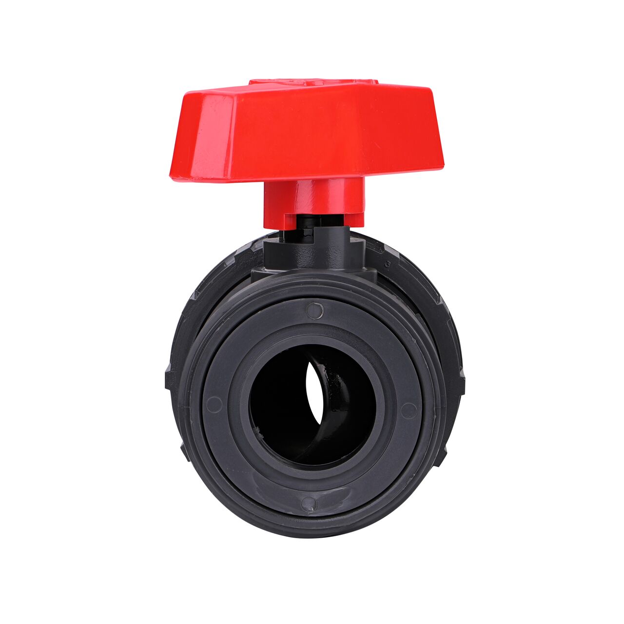 The The 1-1/4 in. PVC Slip & Threaded True Union Ball Valve shown with the connection end removed with the handle in the half-way closed position to show how ball valve provides a shut off point in the system