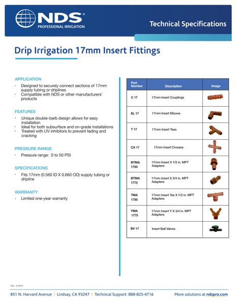 NDS Professional Irrigation Drip Irrigation 17mm Insert Fittings Tech Spec