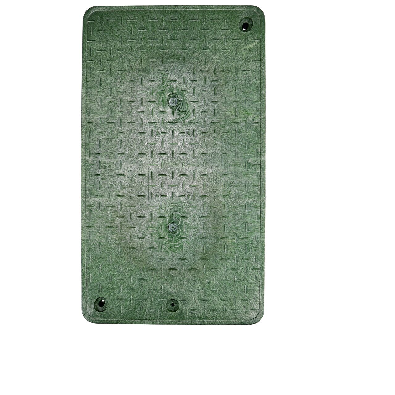 Top down view of the top side of the Green Irrigation Control Valve cover for the NDS 17 in. X 30 in. Rectangular Pro-Spec® Series Valve Box (NDS 324BCDB) showing the Green Irrigation Control Valve markings