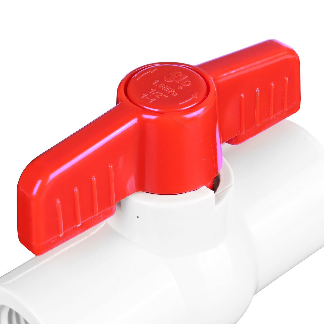 Closeup of the NDS IPS Ball Valve showing the handle that rotates two ways to control water flow (NDS E1320-05)