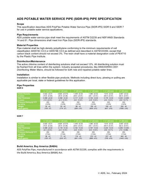 ADS PolyFlex Potable Water Service Pipe (IPS) Specification