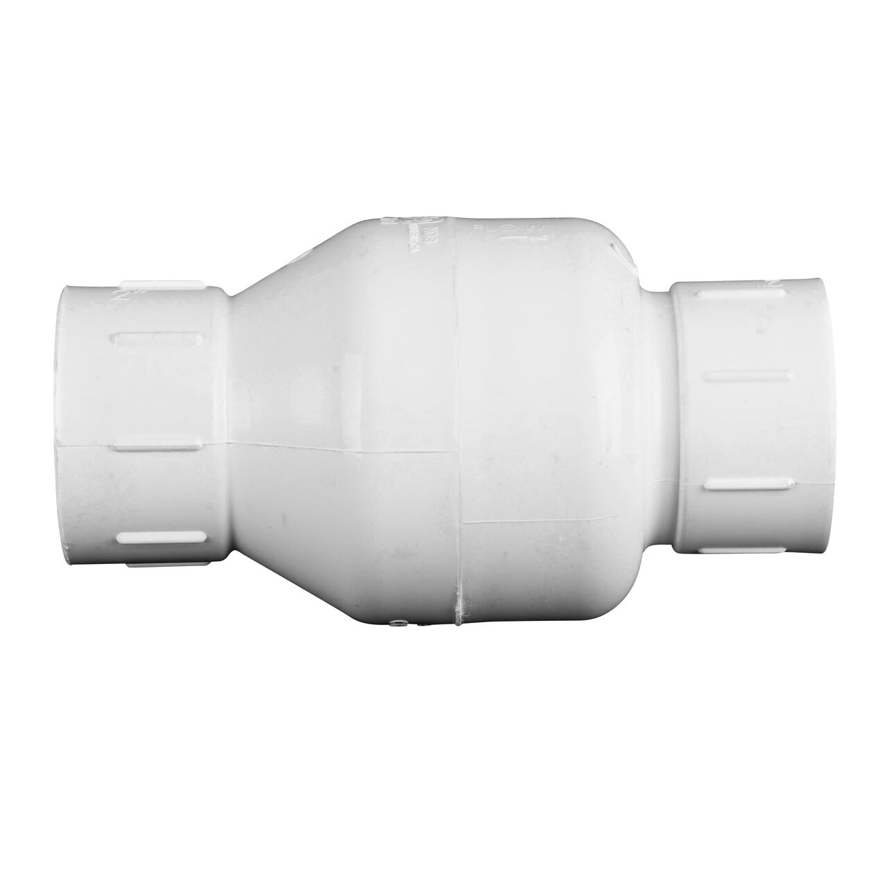 Side to side view of the NDS 2 in. White PVC Spring Check Valve (NDS 1001-20, NDS 1002-20)