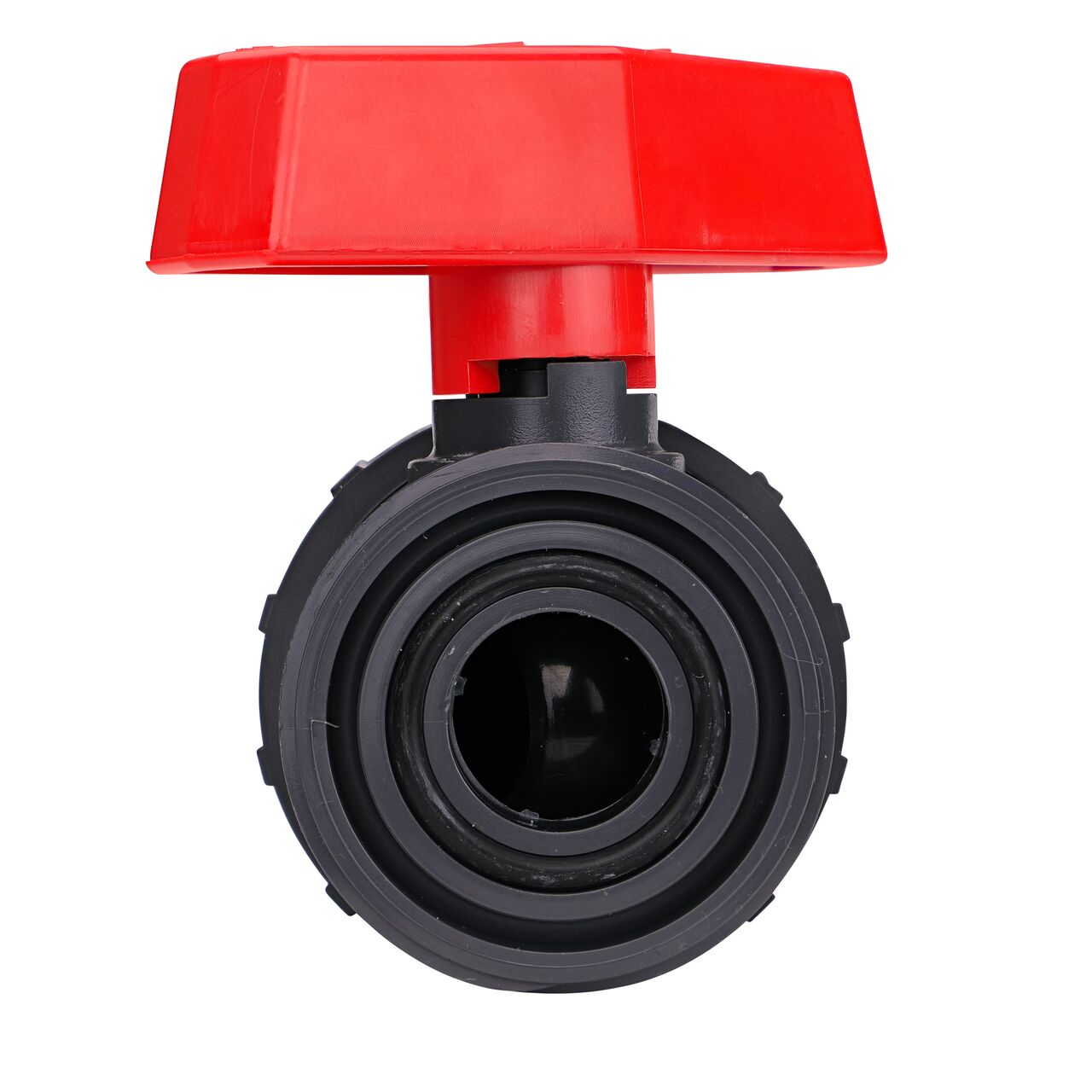 The The 1 in. PVC Slip & Threaded True Union Ball Valve shown with the connection end removed and with the handle in the open position to allow water to convey through the pipe (NDS BTU-1000-E)