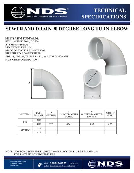 NDS S&D 90° Long-Turn Elbow Hub X Hub Tech Spec