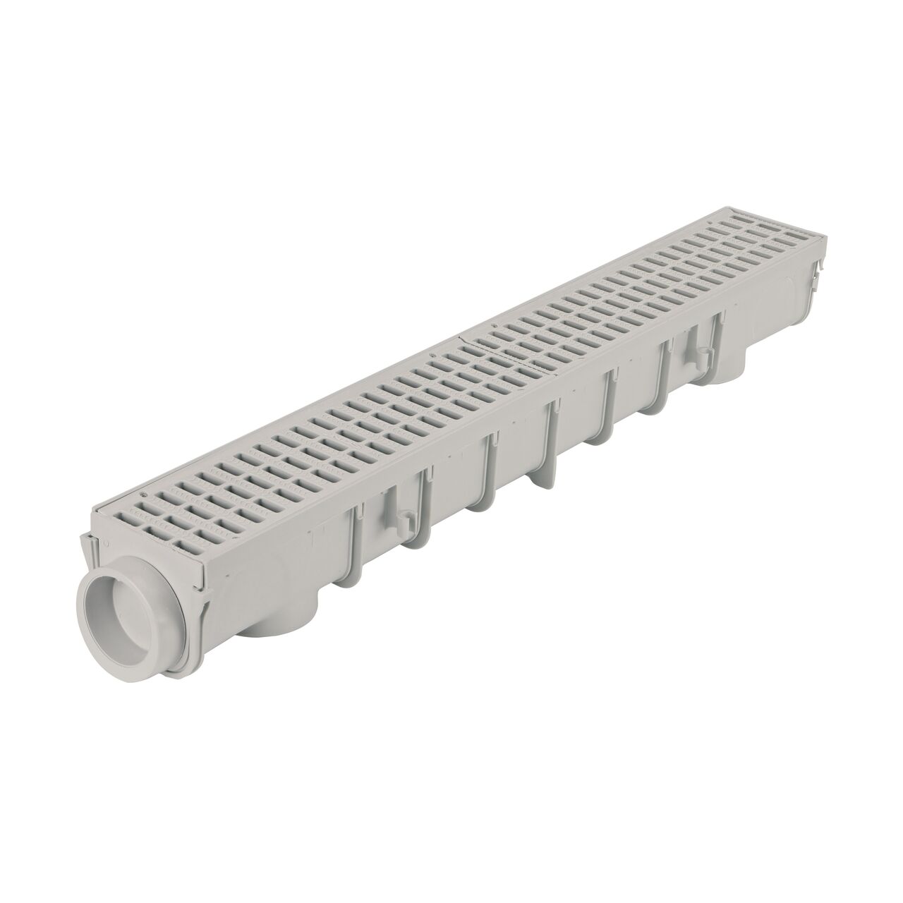 NDS 5 in. Pro Series Channel Drain Kit fully assembled with Channel Drain, 2 Gray Plastic Grates, End Cap/Outlet, and End Cap (NDS 864G*, NDS M864G, NDS 864, NDS 800, NDS 814, NDS 813, NDS 812)