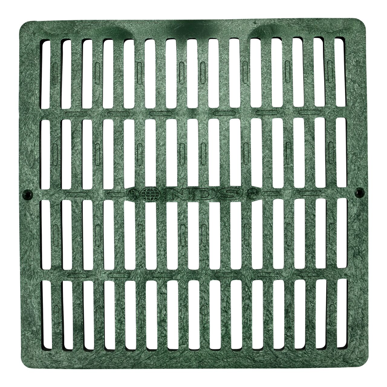 Top down view of the green plastic NDS 12 in. Square Catch Basin Drain Grate (NDS 1212)