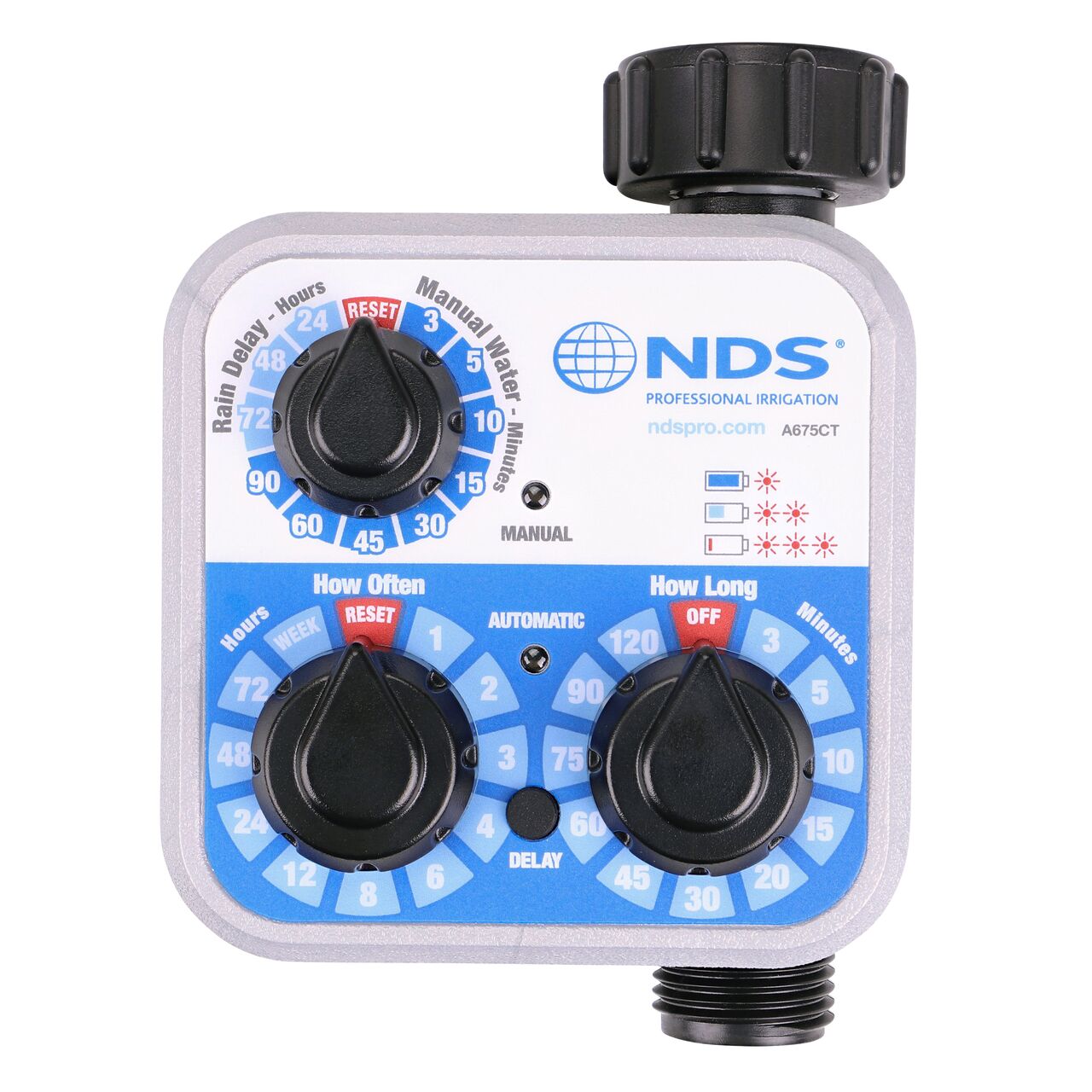 Straight on view of the three control dials on the front of the NDS Automatic Water Timer and the top and bottom connection points (NDS A675CT) along with the delay button and battery indicator light in the middle of the timer