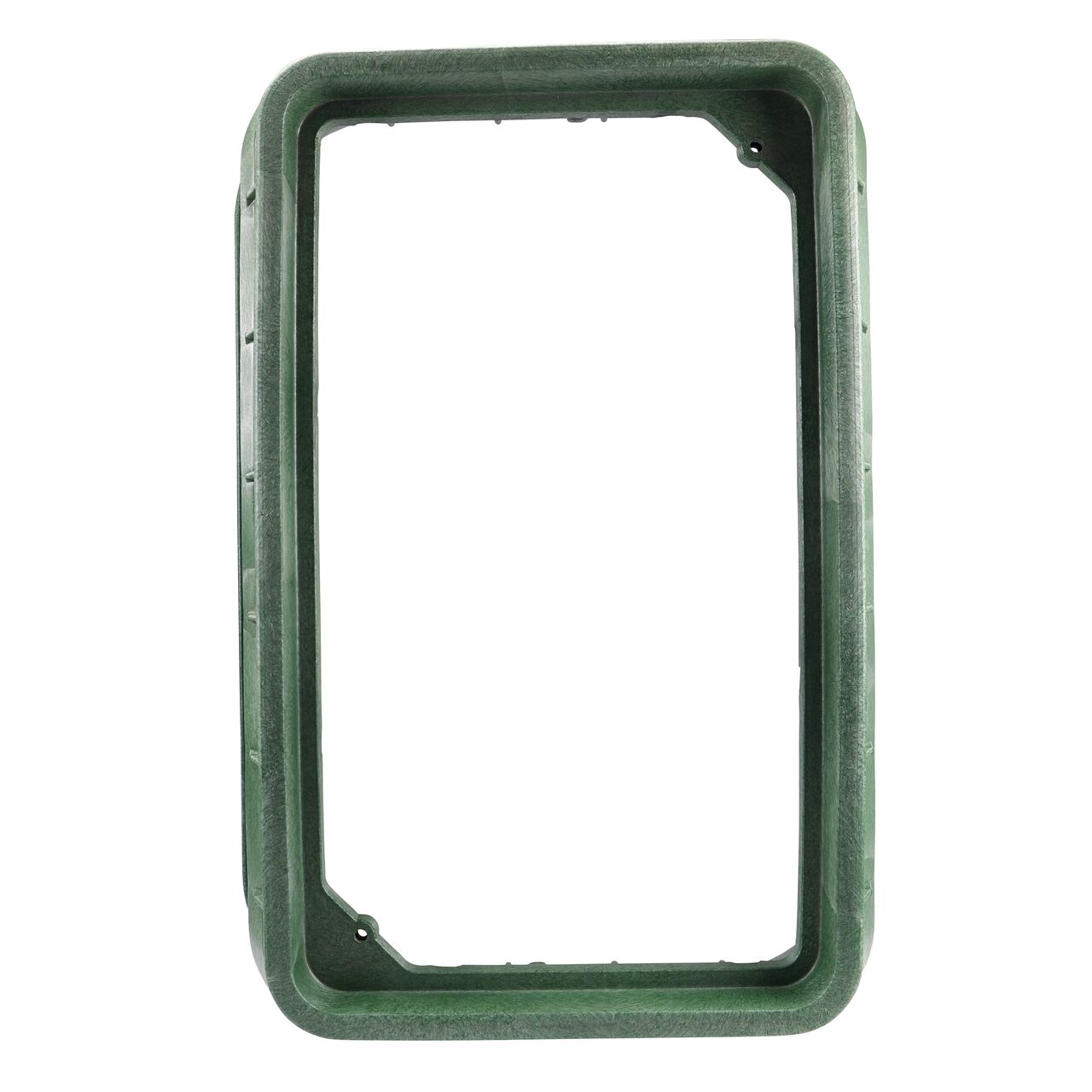 Top down view of the inside of the durable Green plastic 17 in. X 30 in. Rectangular Pro-Spec® Series Valve Box (NDS 324B) showing bolt hole, and how the valve cover is secured to the valve box