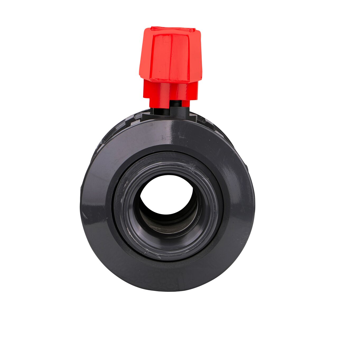 The 1-1/4 in. PVC Slip & Threaded True Union Ball Valve (NDS BTU-1250-E) shown with the connection end attached and with the handle in the open position to allow water to convey through the pipe.