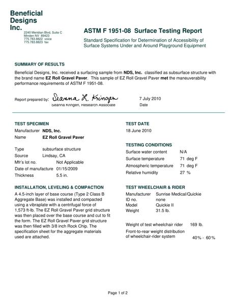 NDS Compliance Report for EZ Roll® Gravel Pavers