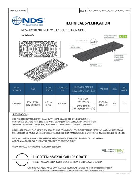 NDS BG-FILCOTEN® 200 Trench Drain Grate Decorative Ville Slot Design Ductile Iron Tech Spec