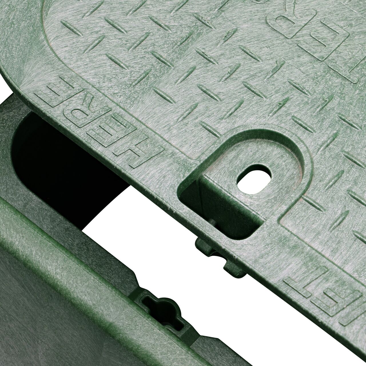 Align the bolt hole on the lid with the bolt hole from the NDS 14 X 19 in. Rectangular Standard Series Green Box and Green Irrigation Control Valve Cover (NDS 114BCW) for a secure fit