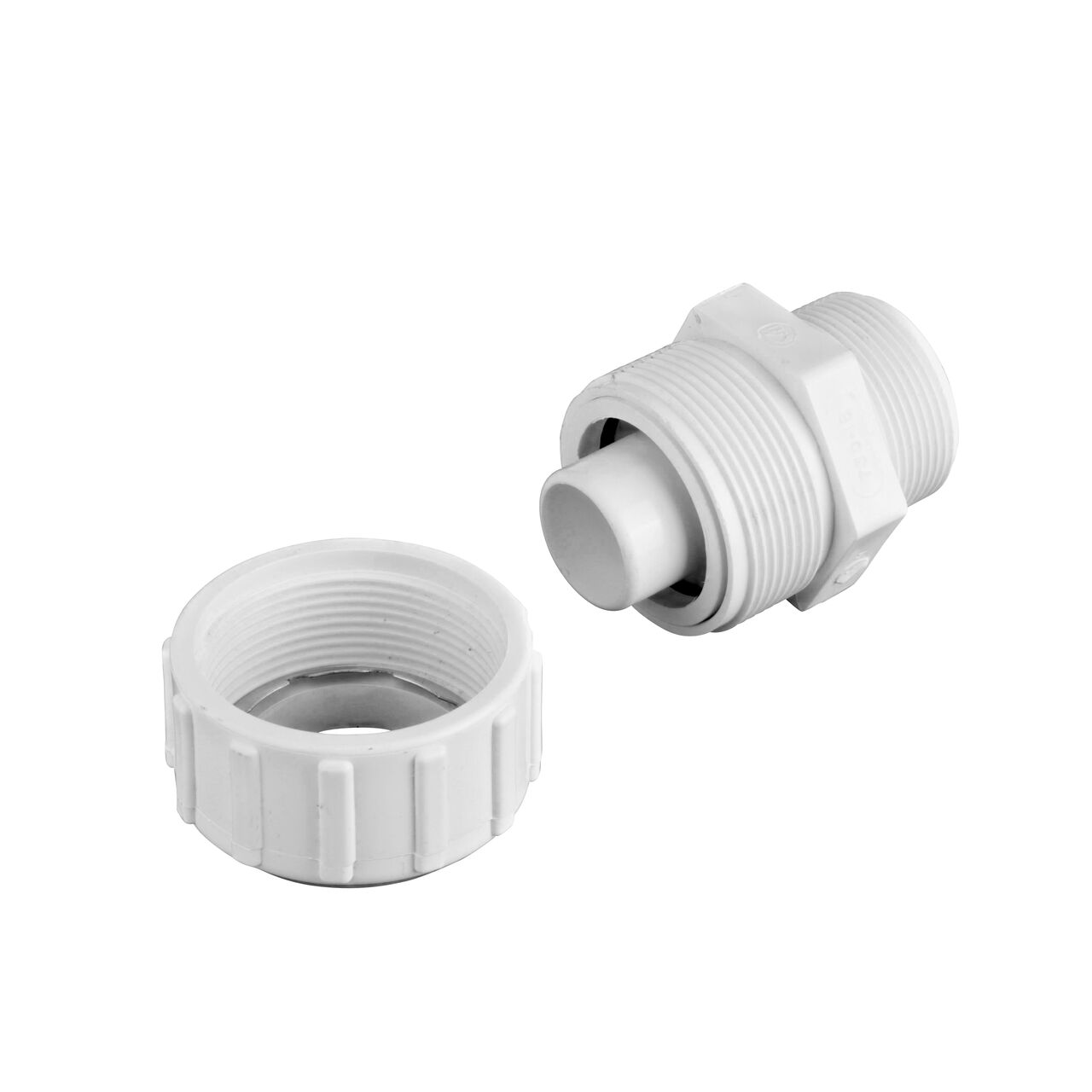 Unassembled NDS 1-1/2 in. SDR-9 X 1-1/2 in. MPT Flo-Lock™ Gripper Adapter showing where the two ends come apart to secure the adapter to the pipe (NDS 730-15)