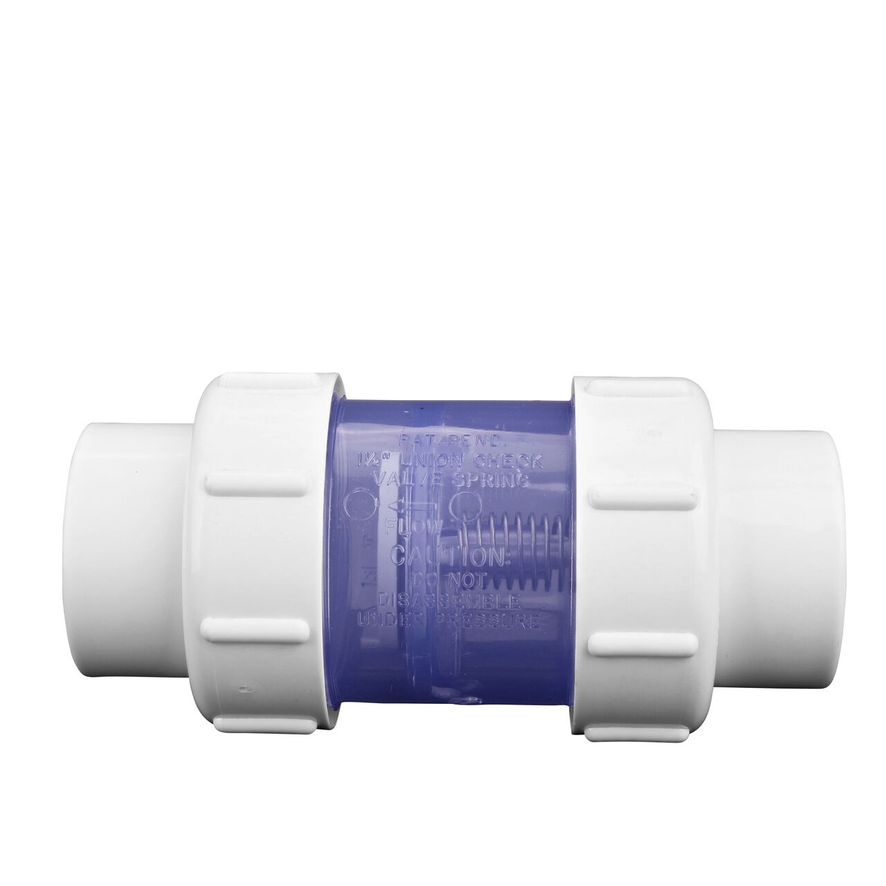 Side view of the NDS Clear 1-1/2 in. IPS slip by slip PVC Compact True Union Spring Check Valve (NDS 1790C15)