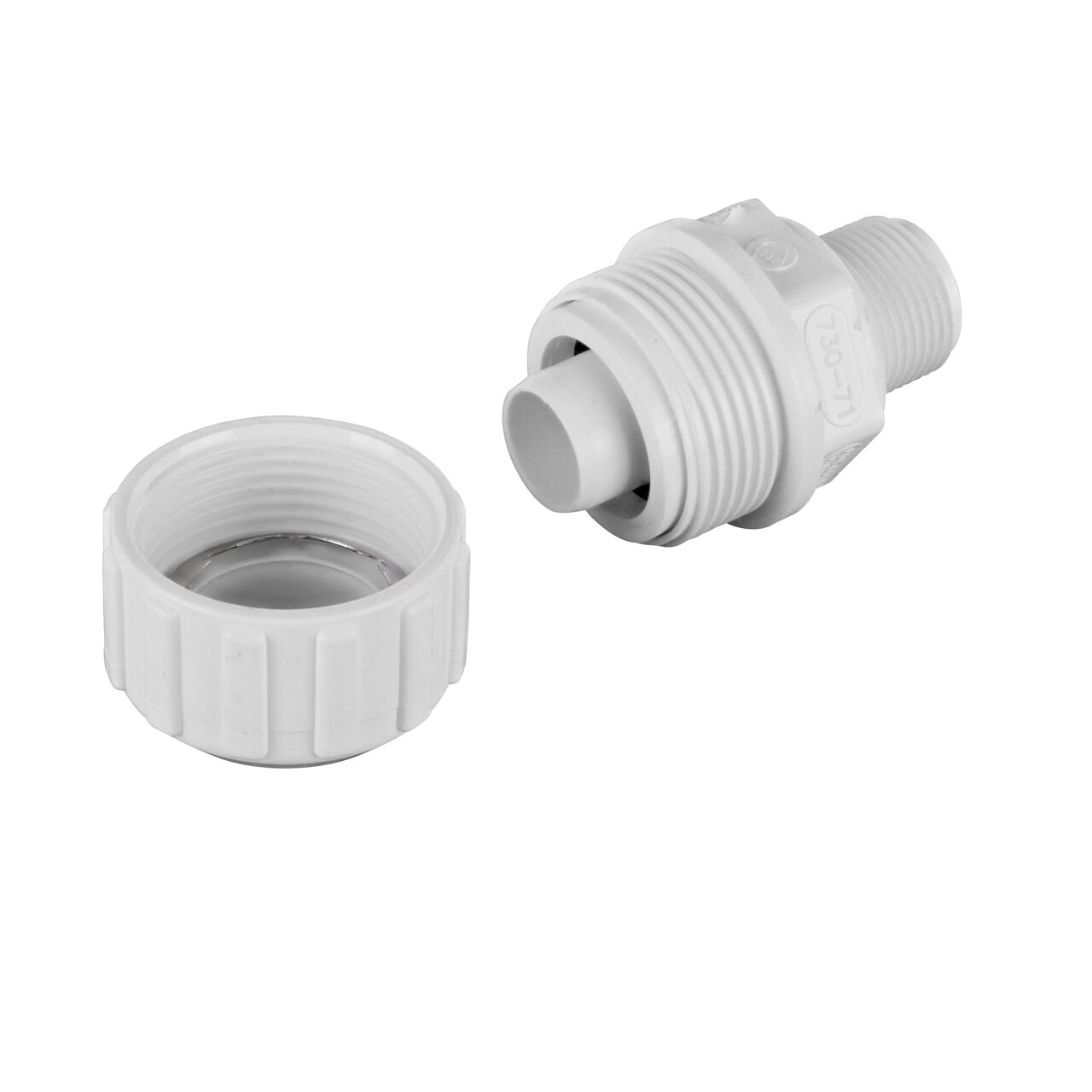 Unassembled NDS 3/4 in. SDR-9 X 1 in. MPT Flo-Lock™ Gripper Adapter showing where the two ends come apart to secure the adapter to the pipe (NDS 730-71)