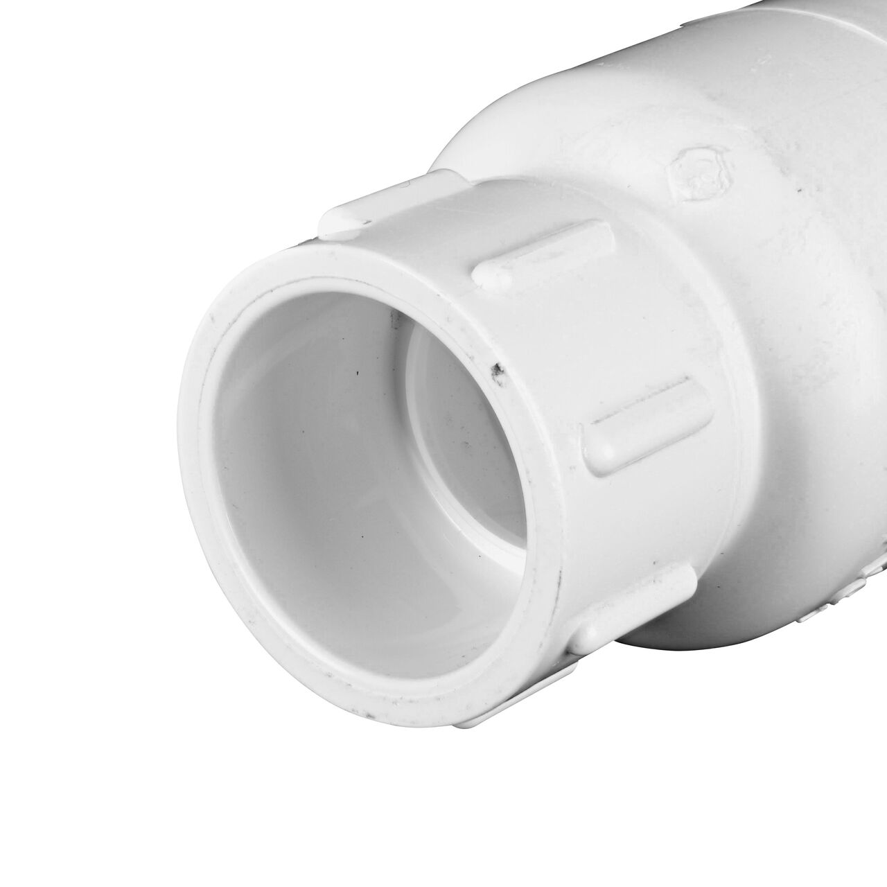 Closeup of the non-sloped end of the threaded NDS White 3/4 in. PVC Spring Check Valve  (NDS 1011-07, NDS 1012-07)