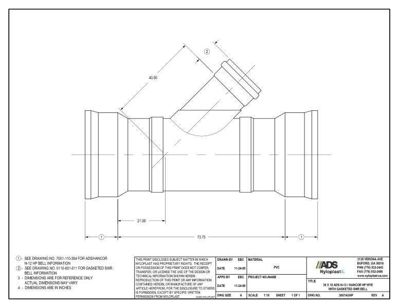 30 x 18 HP Wye with Gasketed SWR Bell Nyloplast Detail