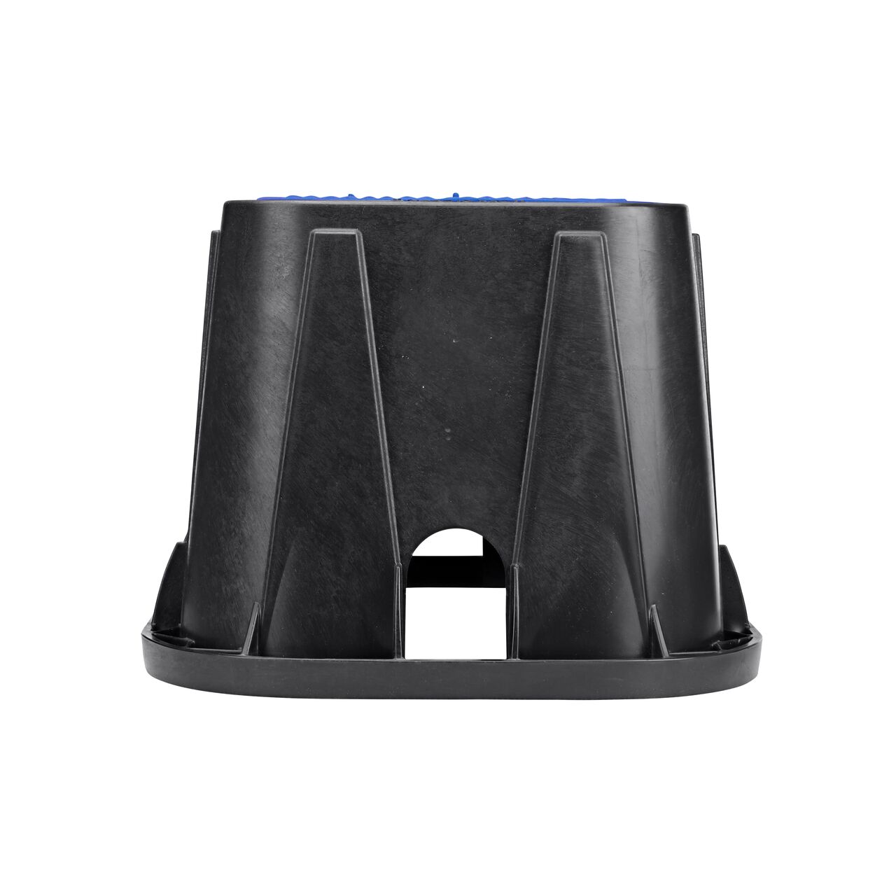 Side view of the shorter width side of the NDS 14 in. X 19 in. Rectangular Meter Box & blue locking AMR Cover (NDS D12AMR-OLLOCTRBLU) which is a rugged enclosure for water and irrigation pipe connections