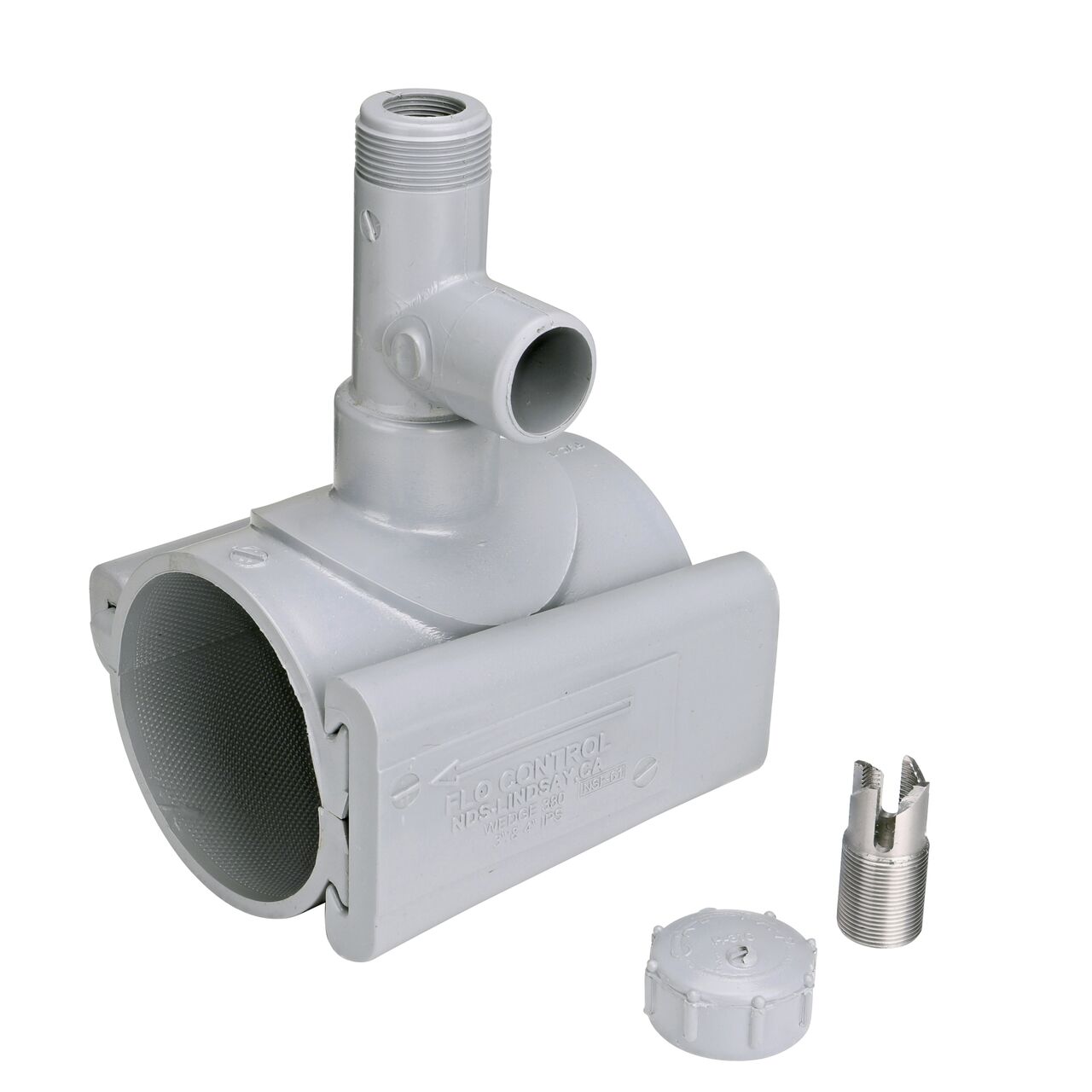 Unassembled view of the 3 in. NDS Flo-Tap™ Rigid PVC saddle with 3/4 in. socket or 1 in. spigot connection on top (NDS 3130) includes a patented wedge to secure on PVC pipe and built-in saw tooth cutter with cap at the top